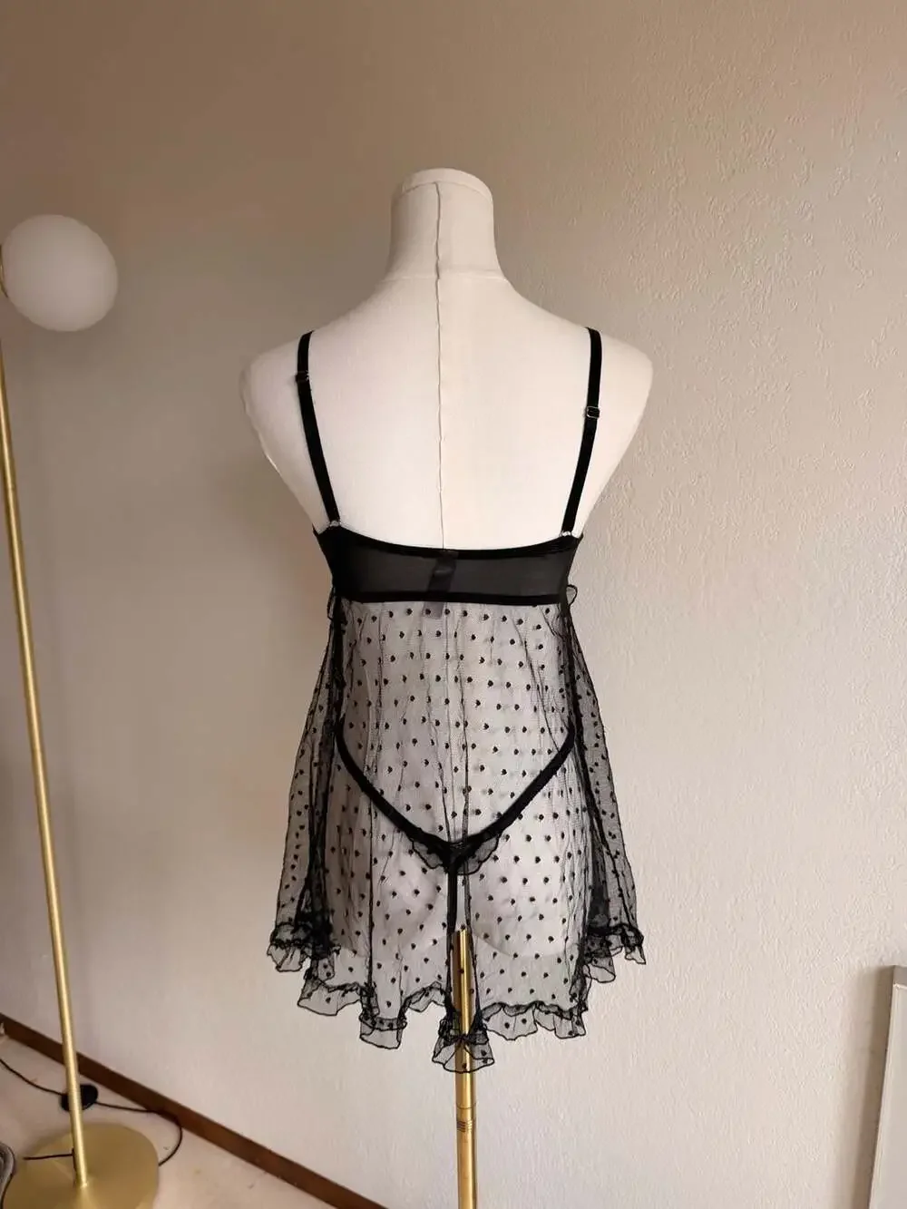 Victoria's Secret Polka Dot Mesh Babydoll Lingerie Set with Matching Thong, Size